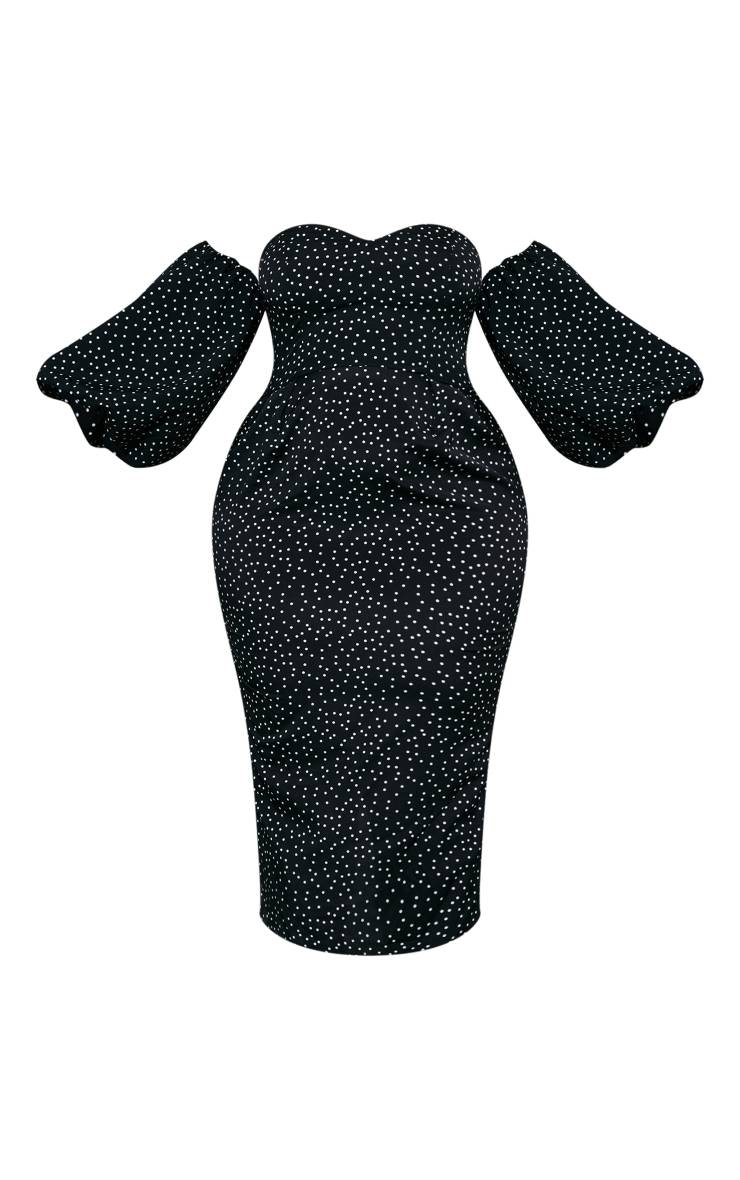 Noir Robe Midi Grande Taille À Pois Bandeau Et Manches Bouffantes