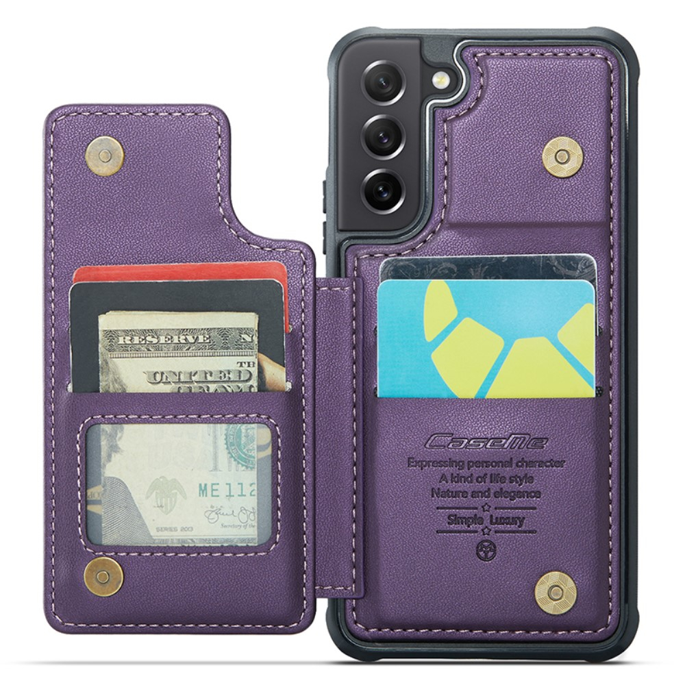 Samsung Galaxy S21 FE 5G Leder Hülle mit Kartenfächern im Litchi Look   Kickstand (RFID Schutz) - Lila