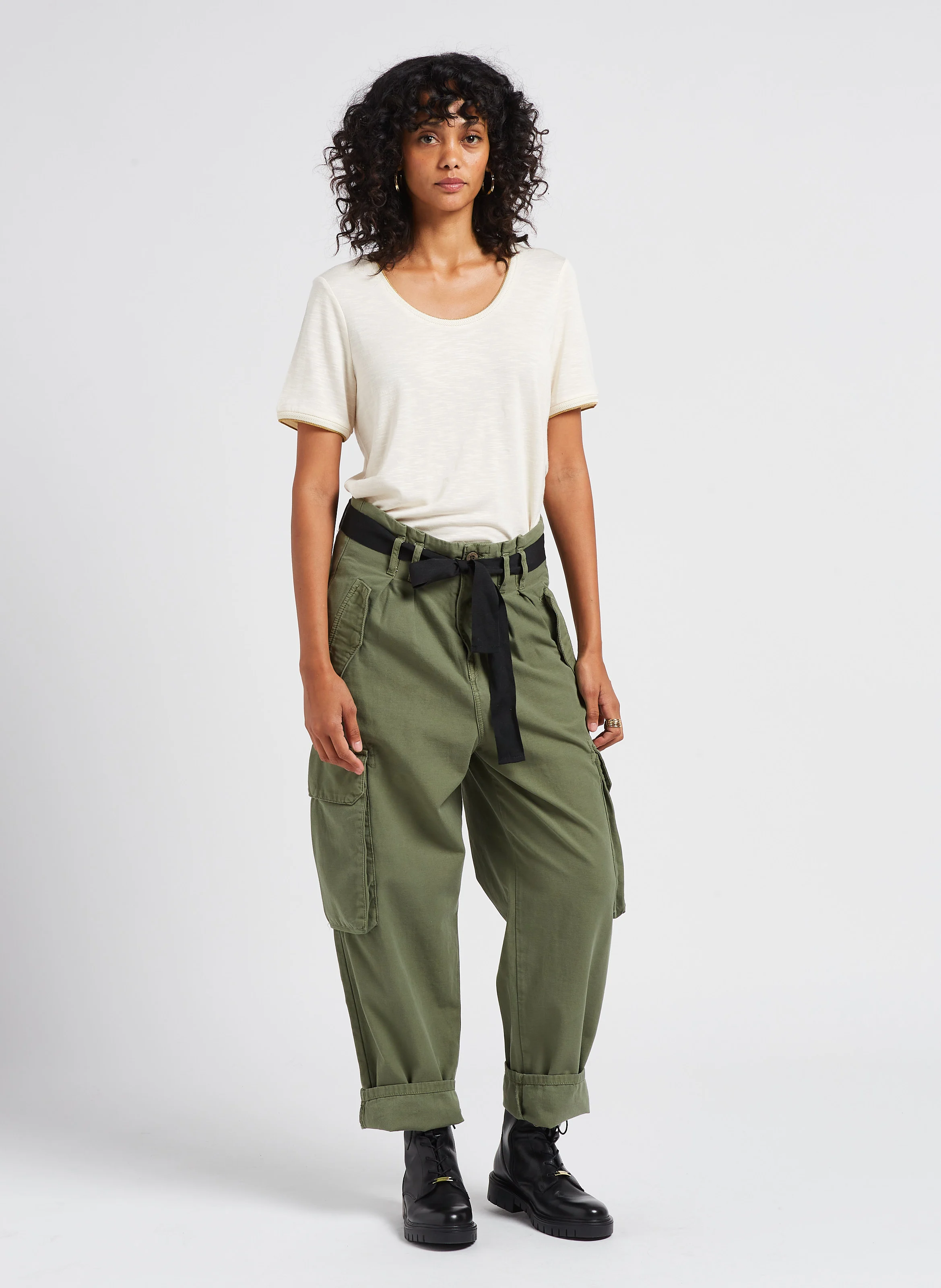 AMBROISE - Pantalon treillis taille haute en coton | Vert