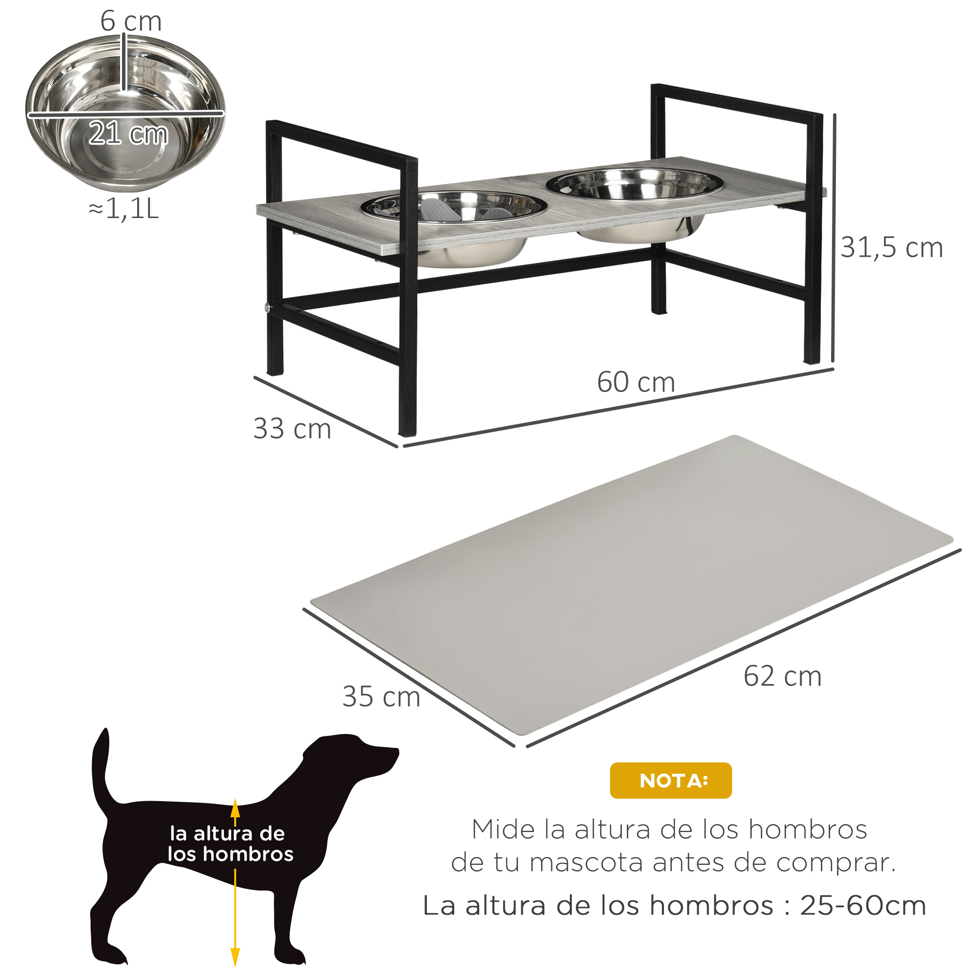Comedouro elevado para cães PawHut, altura ajustável, com 2 tigelas de aço inoxidável (1100 ml cada), tapete e comedouro lento, 60 x 33 x 10-31,5 cm, cinza.