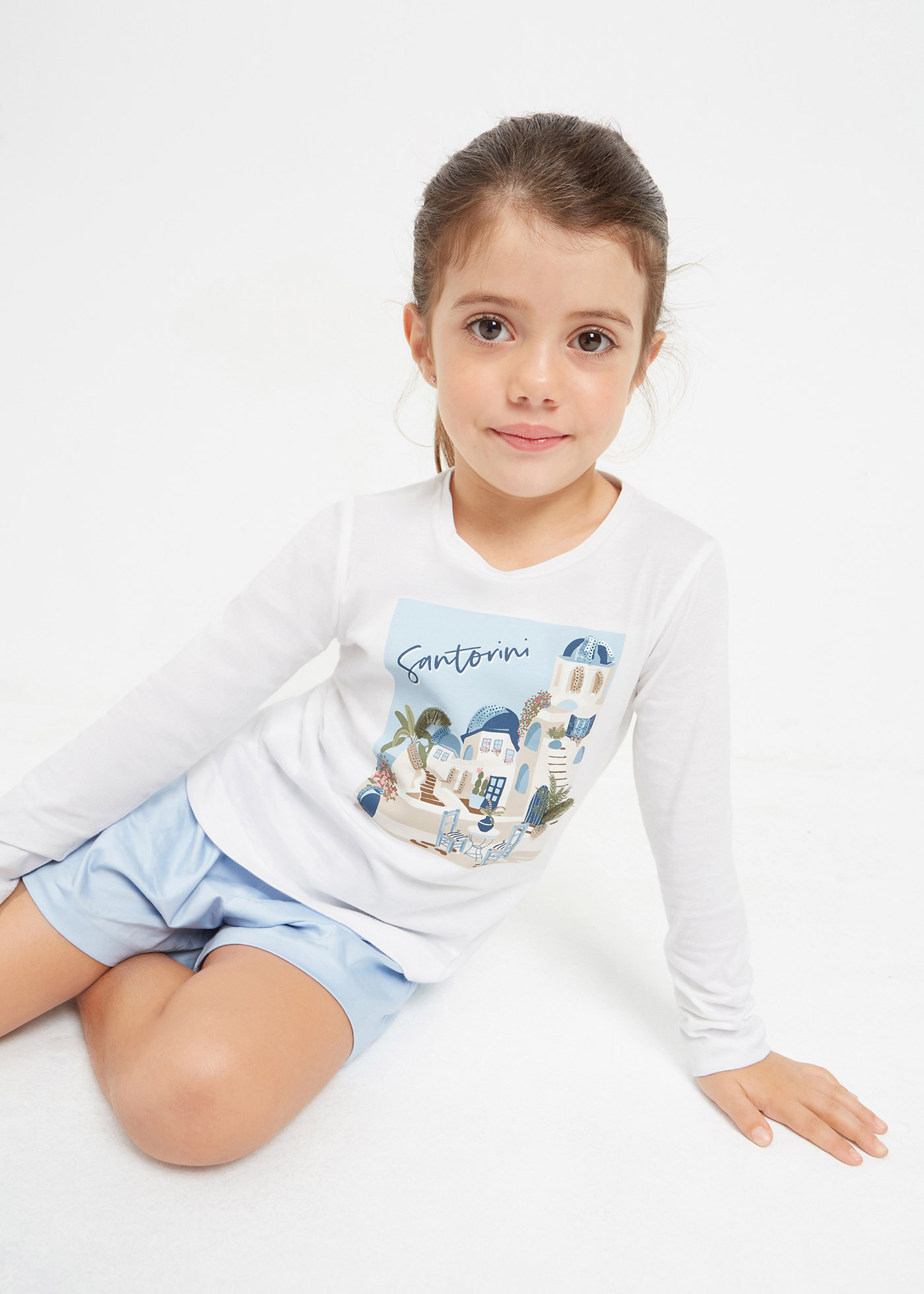 Conjunto de camiseta de manga comprida e elástico de cabelo de algodão para meninas