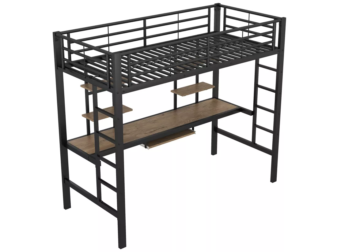 Lit mezzanine 90x200cm - avec bureau et étagères - cadre en métal - Noir