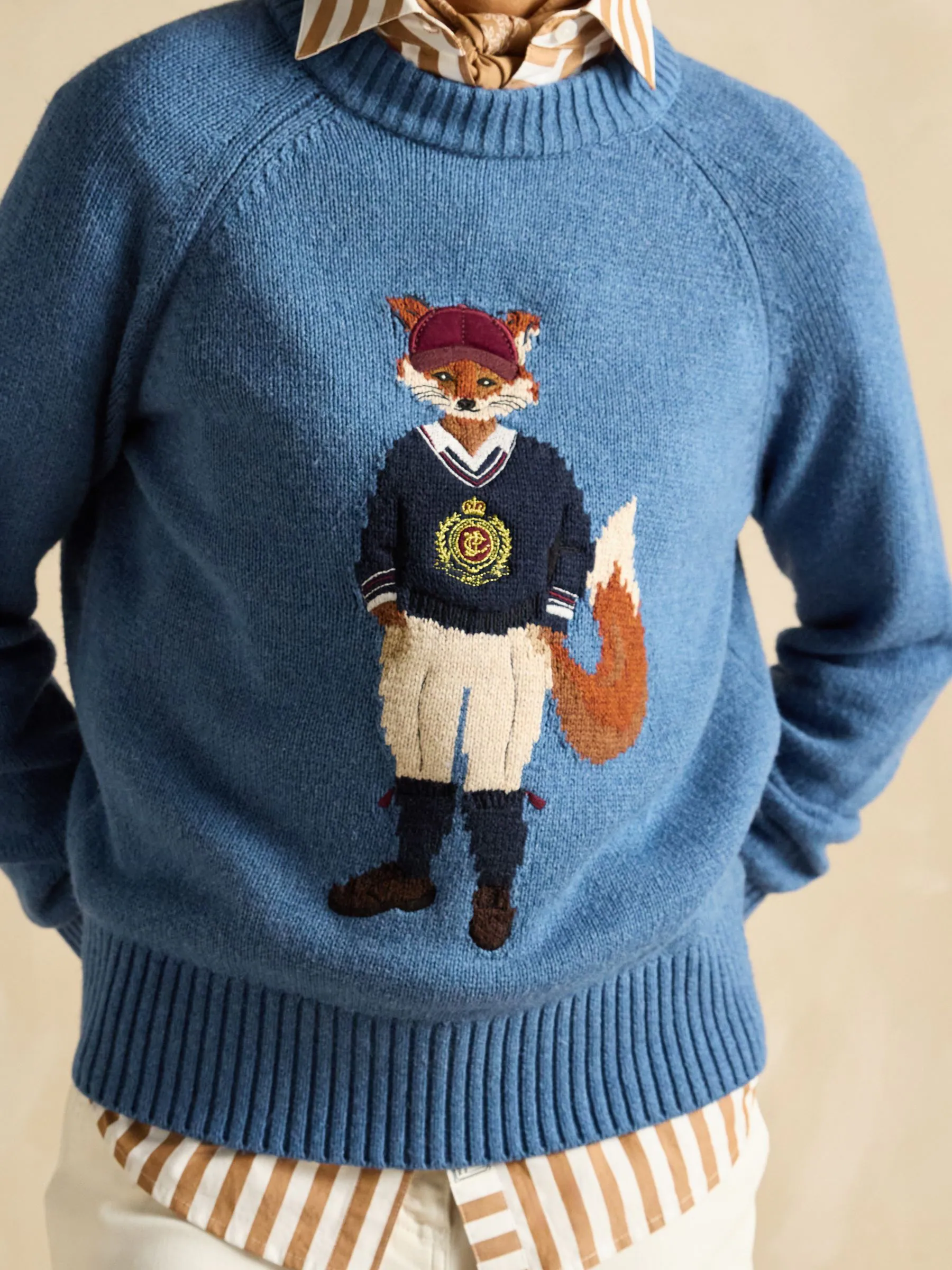 Blue Jonty Fox - Joules Intarsia Cotton-Rich Crew Neck Jumper