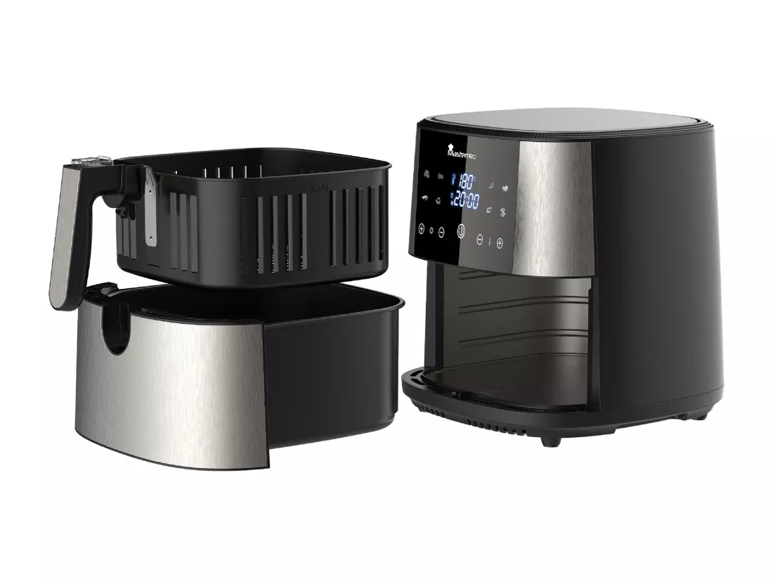 Friteuse à air sans huile d'une capacité de 6 L et d'une puissance de 1800 W avec écran tactile LED avec 8 fonctions MasterPRO différentes