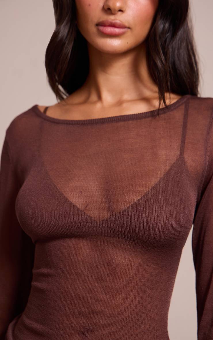 Chocolat Top Petite En Maille Transparente À Manches Longues
