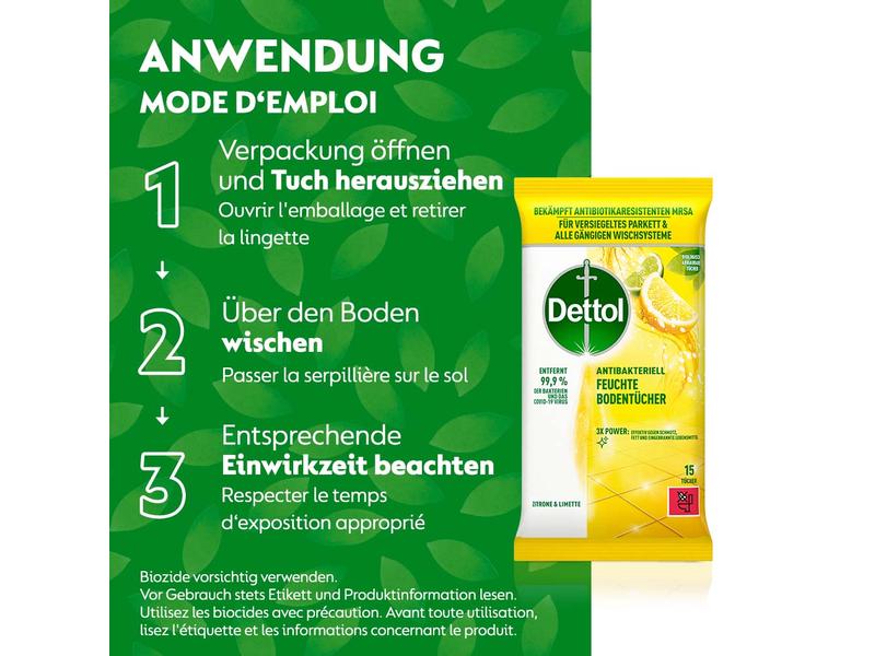 Dettol Feuchte Bodentücher Zitrone & Limette 15 Stück Feuchte Tücher zur Reinigung des Bodens
