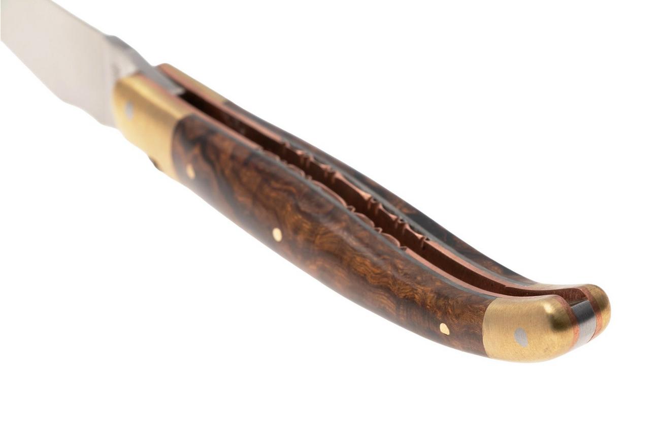 Laguiole en Aubrac Le Bijou L0212LCHB/WCBJ Ironwood Burl, Handcarved Copper Plates, Matt Brass Bolsters, zakmes, 12 cm