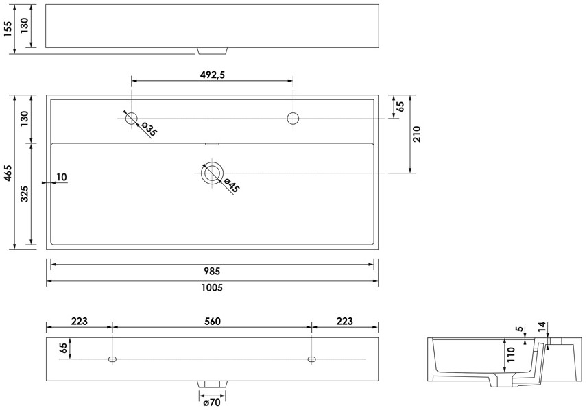 Brauer Lunar wastafel keramiek 100cm met 2 kraangaten zwart mat
