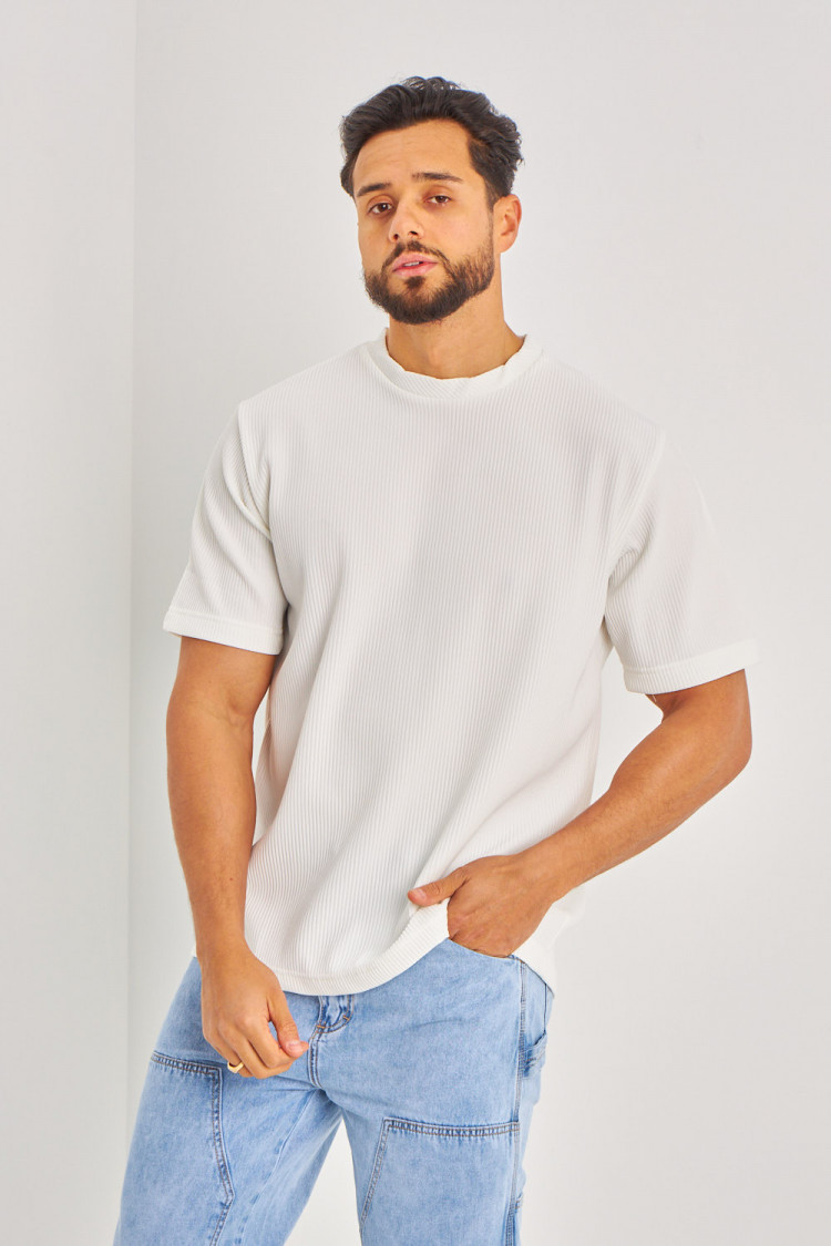 T-shirt blanc côtelé à manches courtes