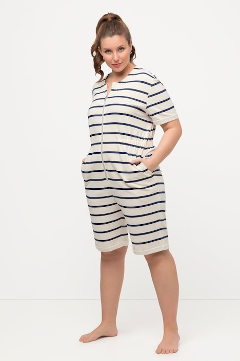Loungewear-Jumpsuit, Ringel, Rundhals, Zipper, Halbarm
