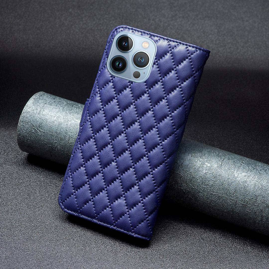 iPhone 14 Pro Leder Tasche Flip Cover Steppmuster - Blau