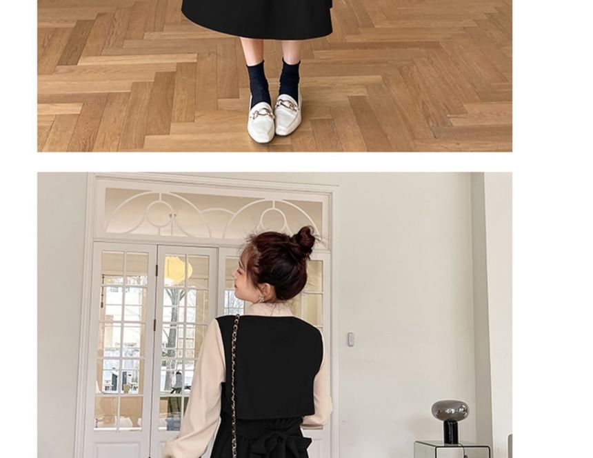 aistera - Mock Two-Piece Long-Mock Collared Bow Accent Tie Waist Midi A-Line Dress