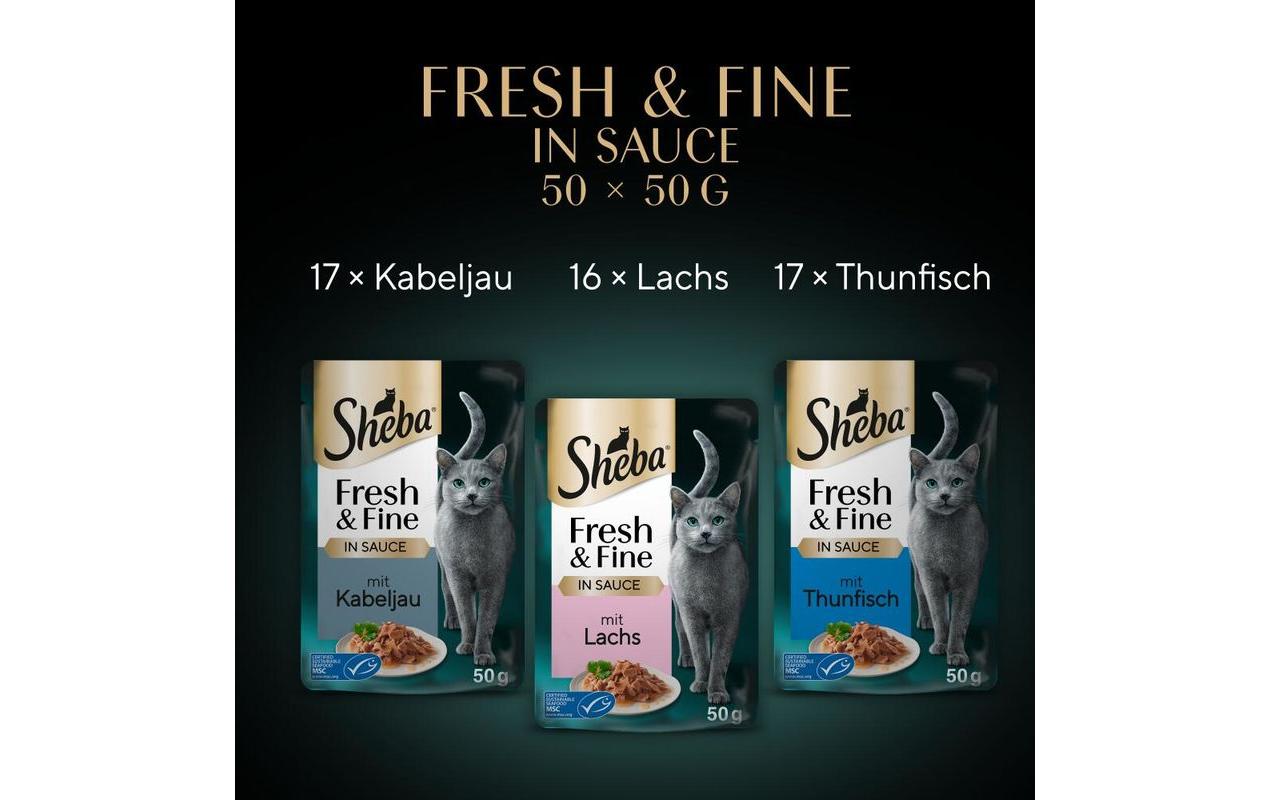 Nassfutter Sauce mit Kabeljau, Lachs und Thunfisch, 50 x 50gAlleinfuttermittel für ausgewachsene Katzen