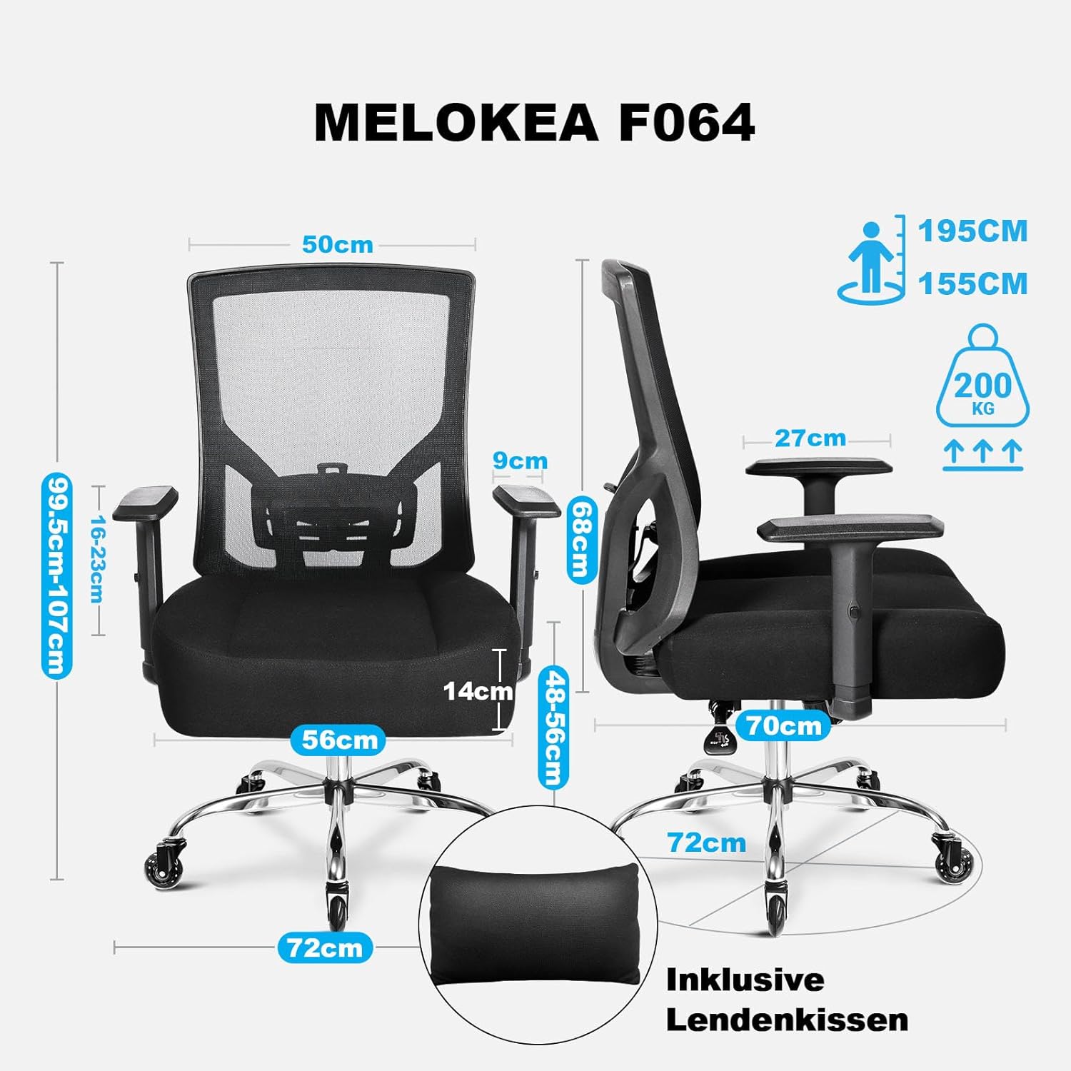 Bürostuhl 200KG XL, Breites Federkissen, Gummirollen, Ergonomischer Bürostuhl, Verstellbare Lendenwirbelstütze, Stufenlose Neigungsfunktion, Gaming, Schreibtischstuhl [Lendenkissen Inklusive]