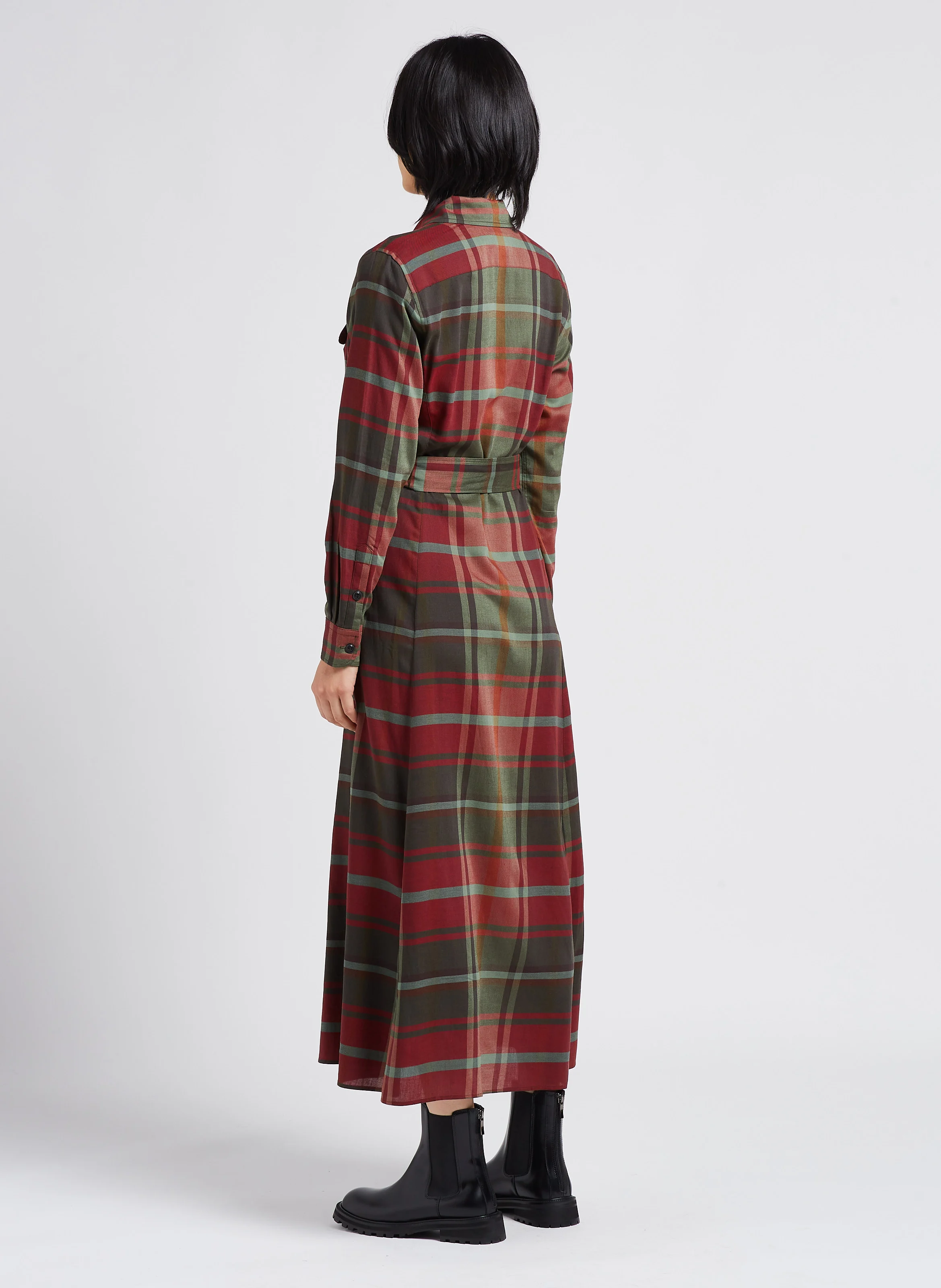 Robe longue col classique à carreaux en coton mélangé| Kaki