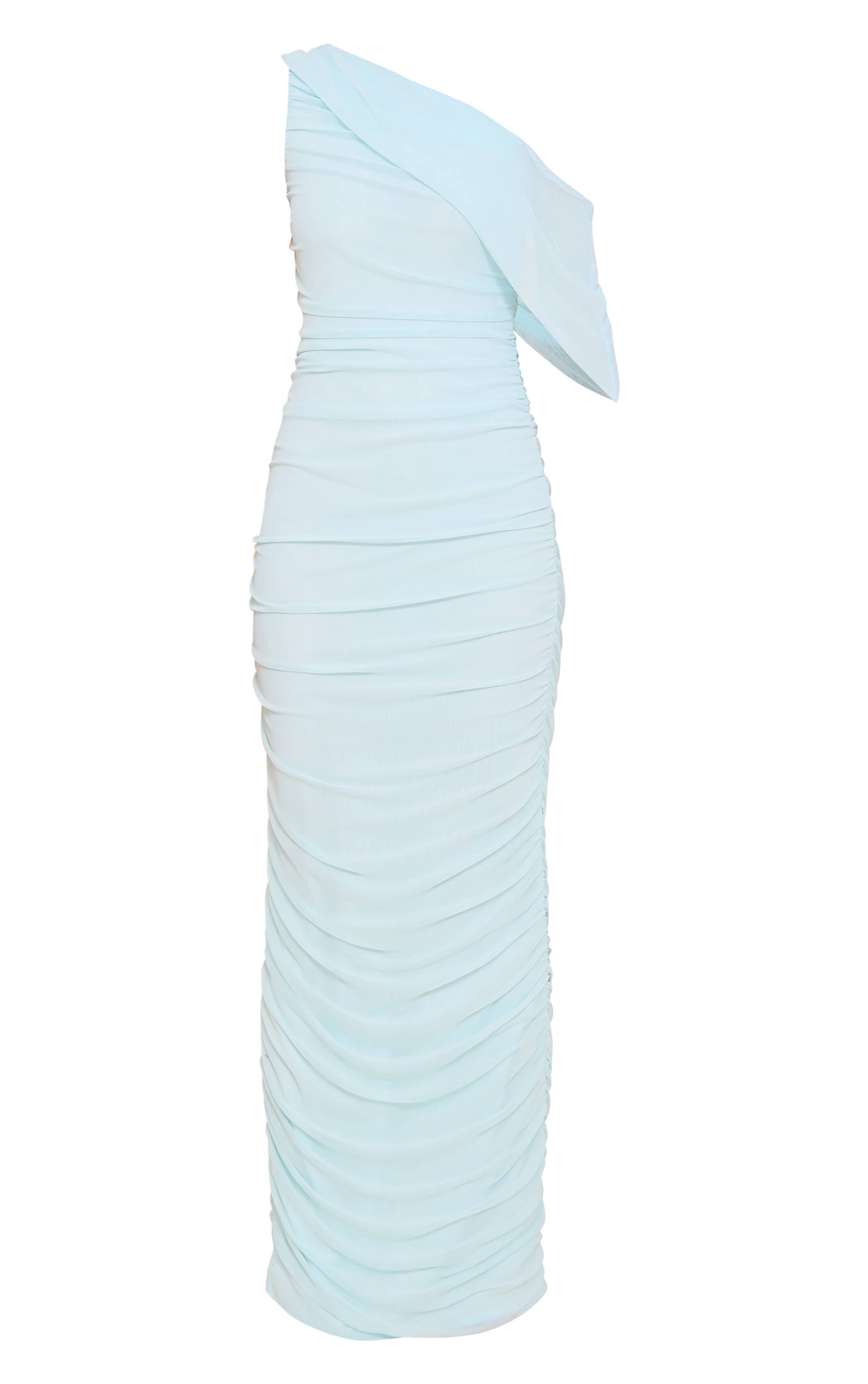 Aqua Blue Robe Longue Drapée Asymétrique À Épaule Dénudée Avec Superposition De Mesh
