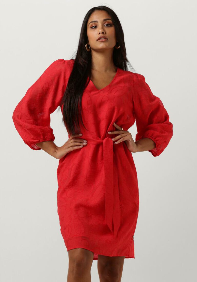 JANSEN AMSTERDAM rode jansen amsterdam mini jurk ff517 dress 3/4 puffed sleeve v-neck