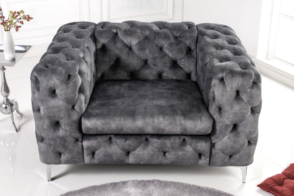 Design Chesterfield Sessel MODERN BAROCK 120cm dunkelgrau Samt