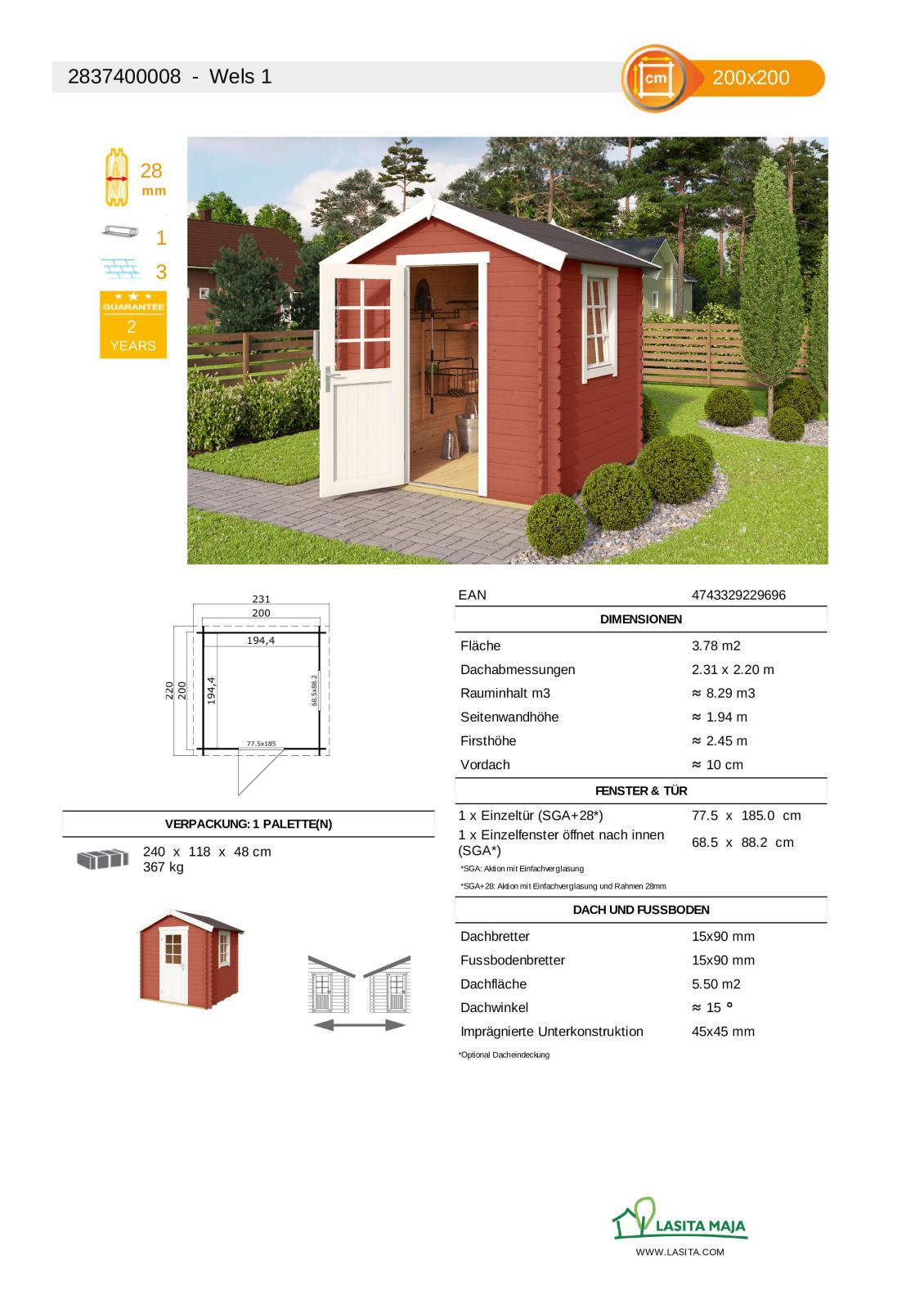 Gartenhaus WELS 1 - schwedenrot - Fichte massiv - 200x200 cm