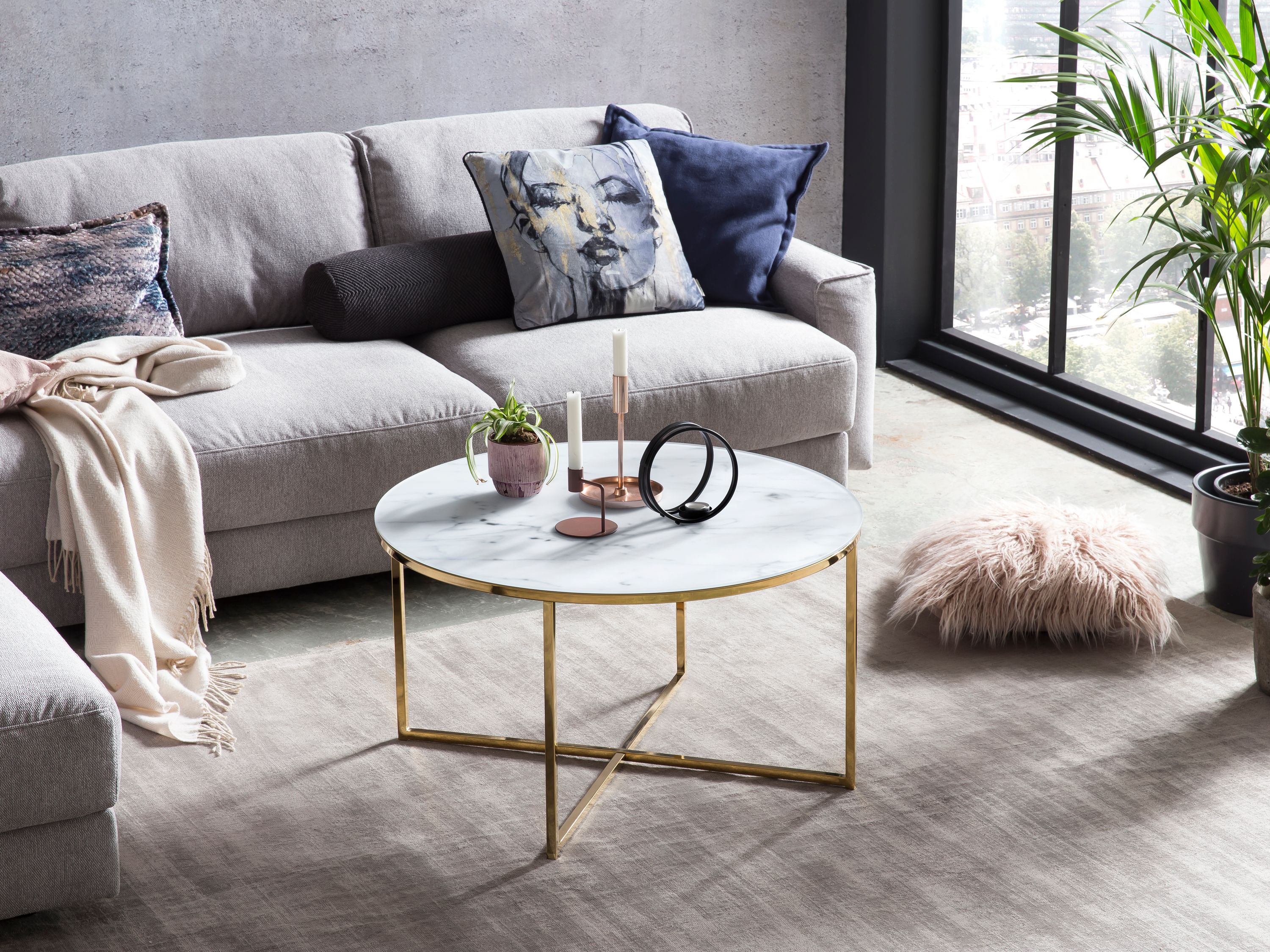 Couchtisch Ø80cm Marmor Optik Glastisch Sofatisch Beistelltisch Wohnzimmer Tisch