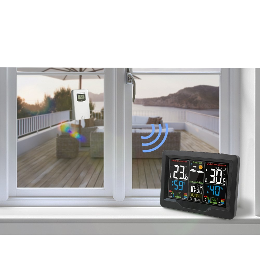 (2-tlg. Set) Wireless Wetterstation Digital Thermometer / Hygrometer / Wecker mit Wettervorhersage   Aussensensor (Batteriebetrieben) - Schwarz