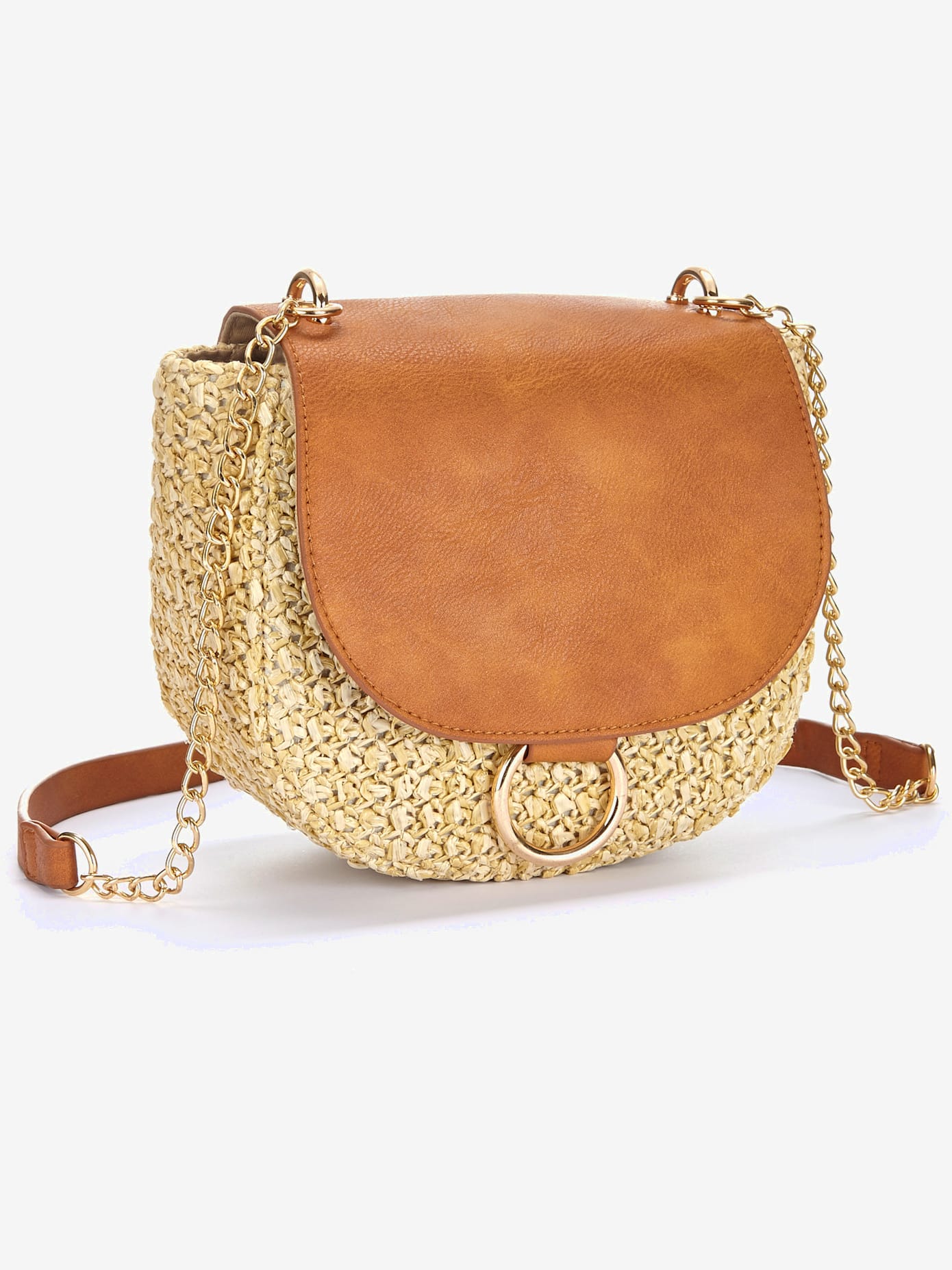 Sac à main en imitation raphia avec détails chaînes couleur or sur la bandoulière