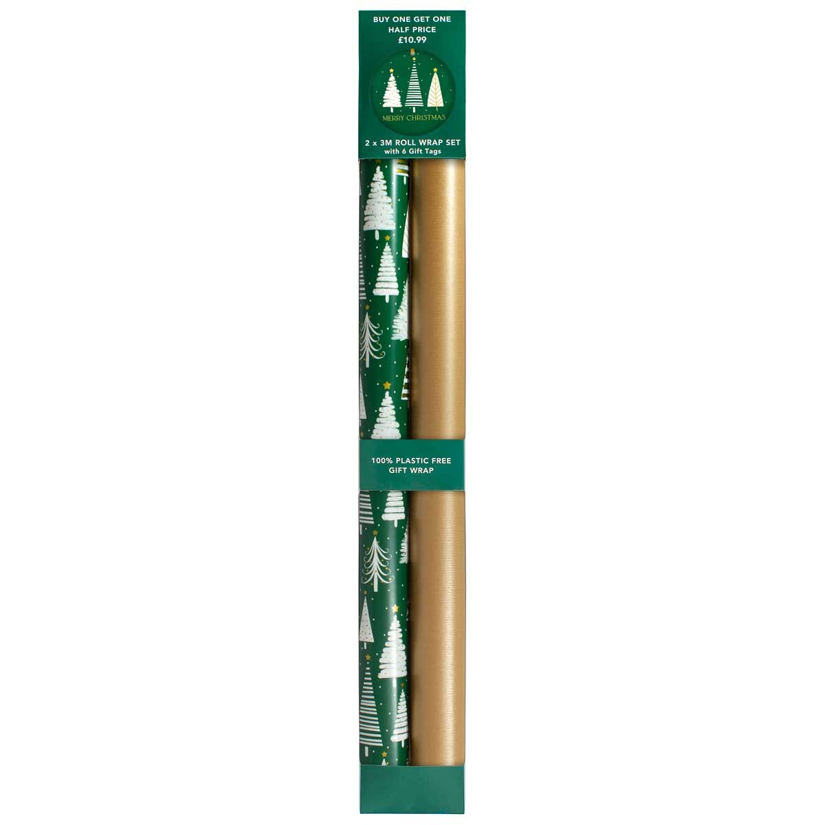 Trees On Green Rollwrap Pack X2 3M Rollwraps & 6 Gift Tags