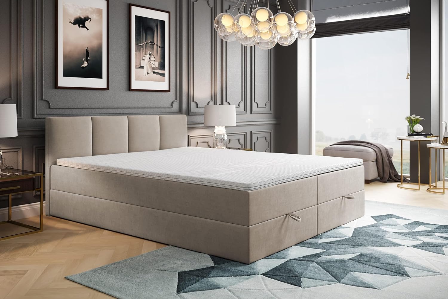 TRADA Boxspringbett 160x200 cm - mit Bettkasten und Taschenmatratze - ROYAL - Elegant Bett mit Topper - Beige