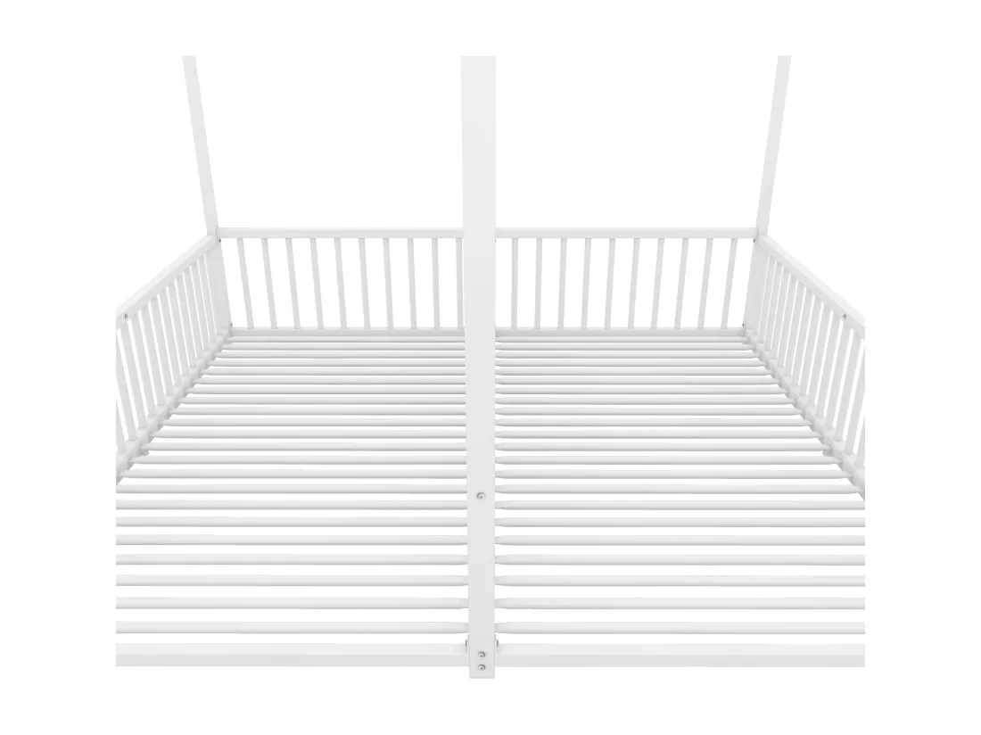 Lit cabane en fer 2x90x200cm - avec toit et sommier à lattes - Blanc