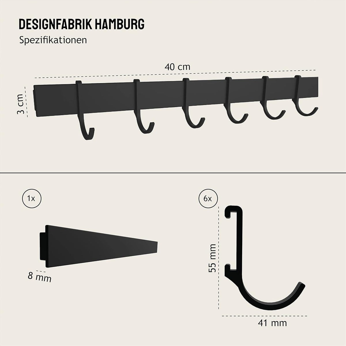 Designfabrik Hamburg Keukenhaakrail, Zelfklevend, Zwart, 40cm