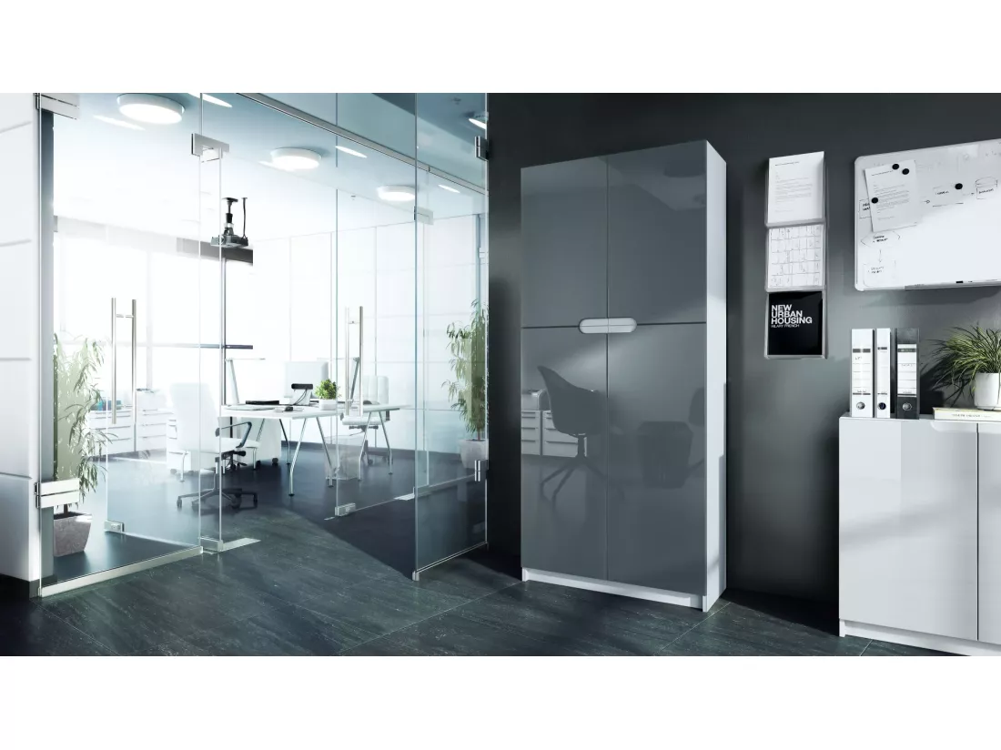 Armoire De Bureau Blanc Mat Et Gris Laqué (lxhxp) : 82 x 185 x 37