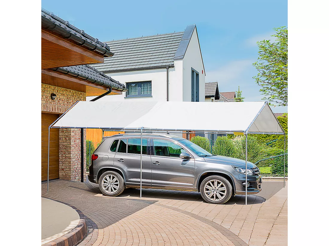 Carport auvent pour voiture 5,95L x 2,90l x 2,60H m acier galvanisé robuste PE haute densité blanc