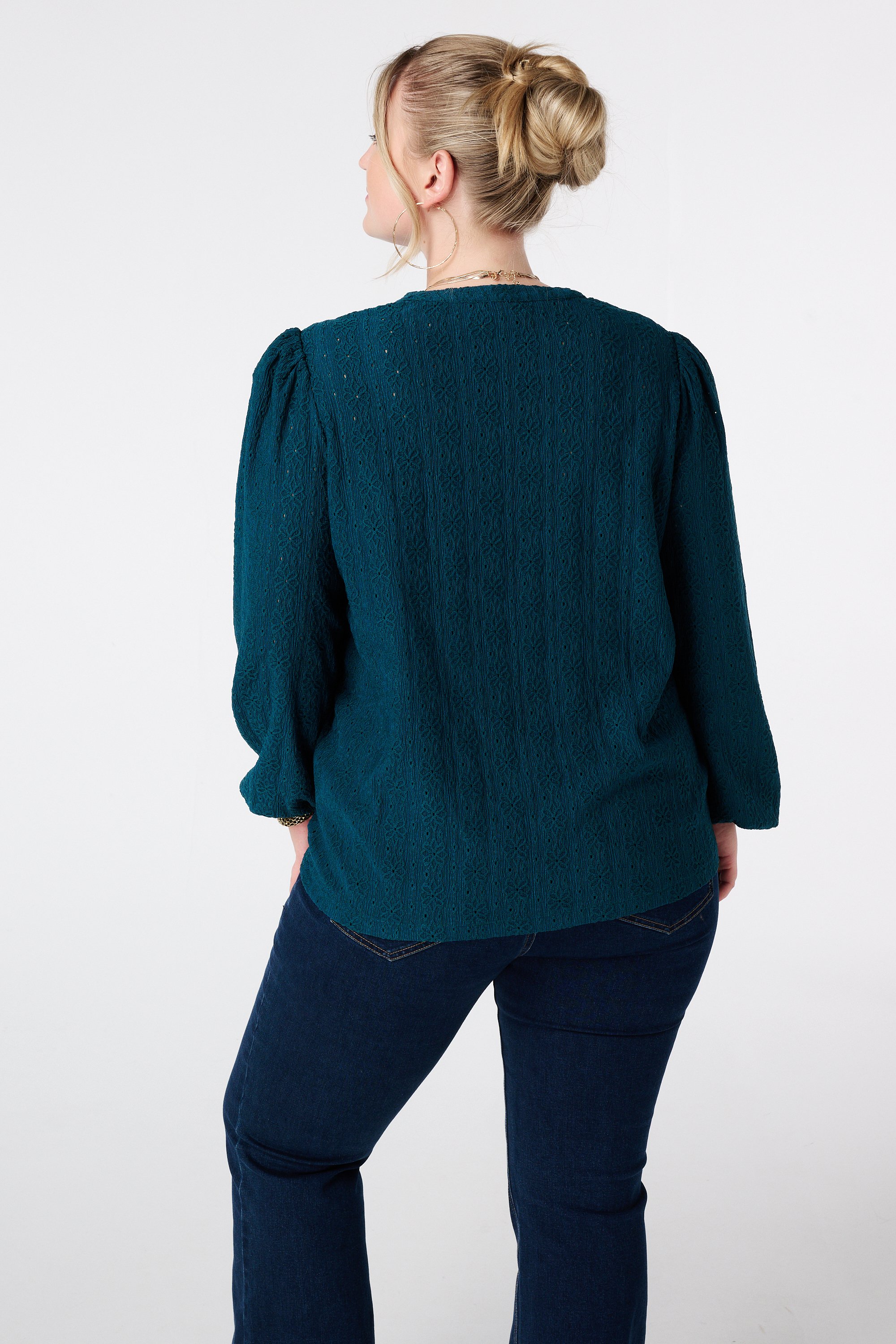 Jersey top met stretch met pofmouw Donker petrol