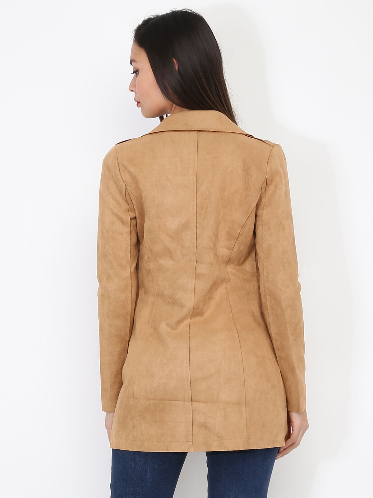 Veste longue en suédine à zips- Camel