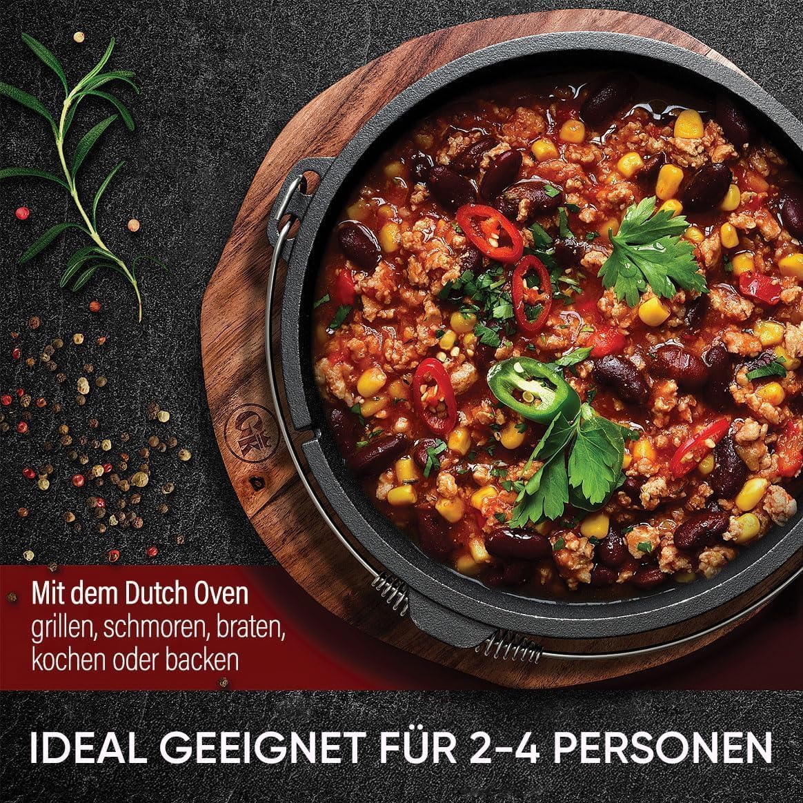 Dutch Oven Set 4,5 Liter [für 2–4 Person] – Eingebrannter Feuertopf mit Füße, inkl. praktischem Deckelheber, Ringreiniger, Pflegepaste, Bürste & Rezeptbuch – 30 Jahre Garantie