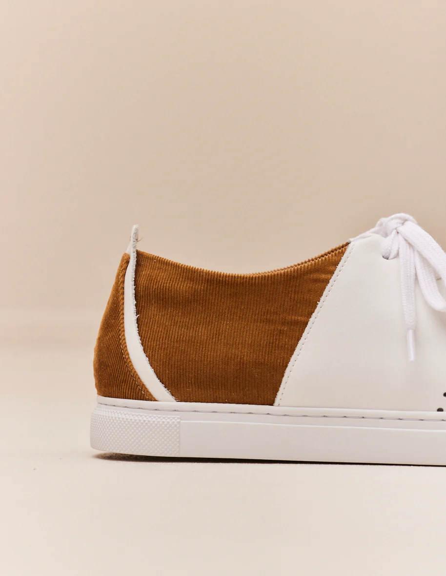 Baskets basses René - Cuir blanc et velours côtelé beige