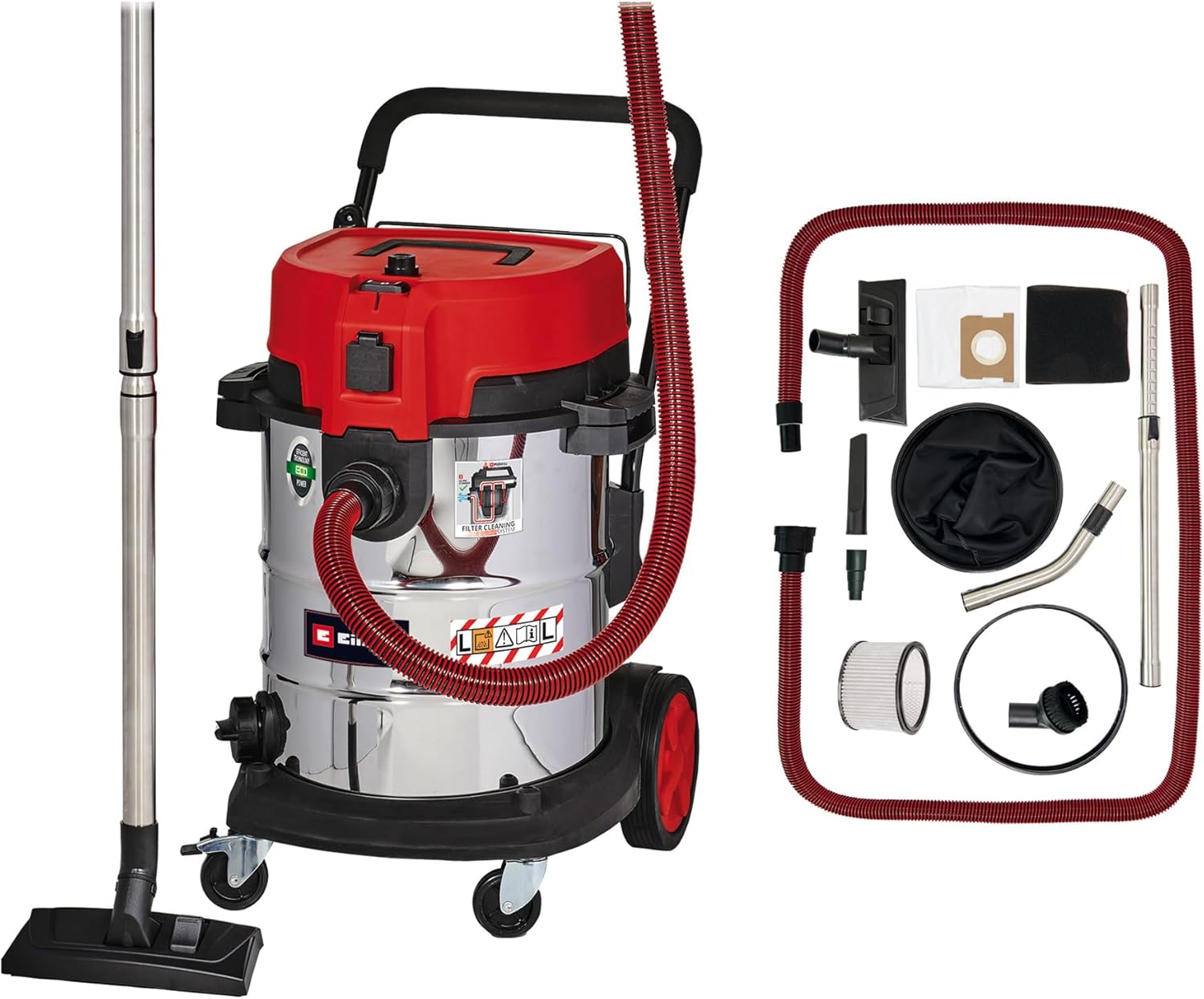 Einhell TE-VC 2350 SACL Wet/Dry Vacuum Cleaner (1,600 W, Dust Protection Class L, Filter Cleaning System, Suction Power 230 mbar, Stainless Steel Container 50 L)