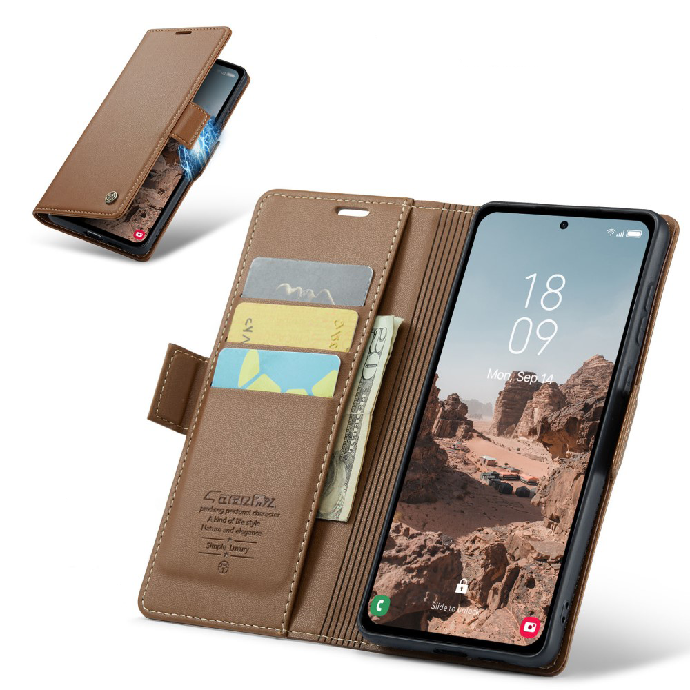 Samsung Galaxy A55 Leder Tasche Flip Wallet Etui mit Kartenfächern Litchi Look (RFID Schutz) - Braun
