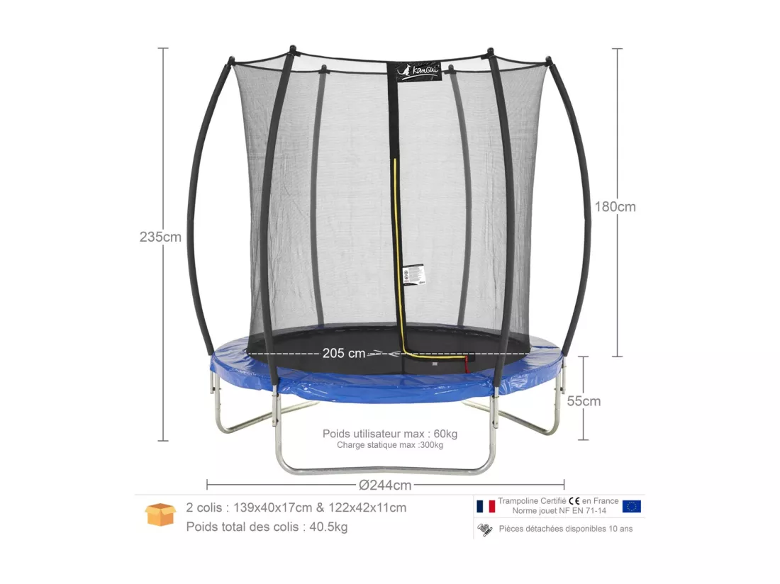 Kangui - Trampoline rond Ø250cm avec filet de sécurité intérieur- Bleu- FPR 250