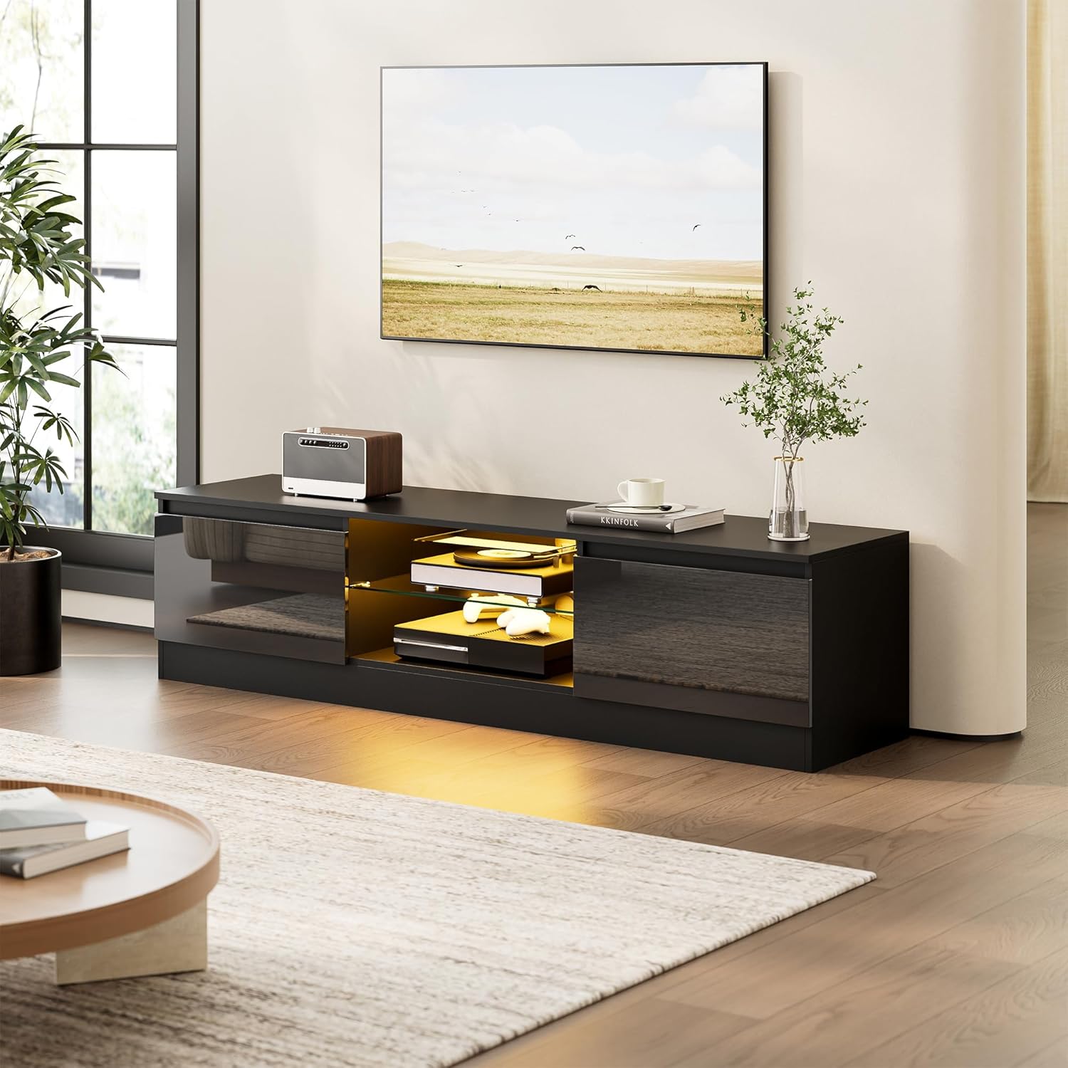 TV Schrank mit 16 Farben LED Beleuchtung und 2 Türen, 160 cm Lang, TV Board, Lowboard Stehend für Fernseher bis zu 70 Zoll, Fernsehtisch für Schlafzimmer, Wohnzimmer, Esszimmer, Schwarz (Schwarz)