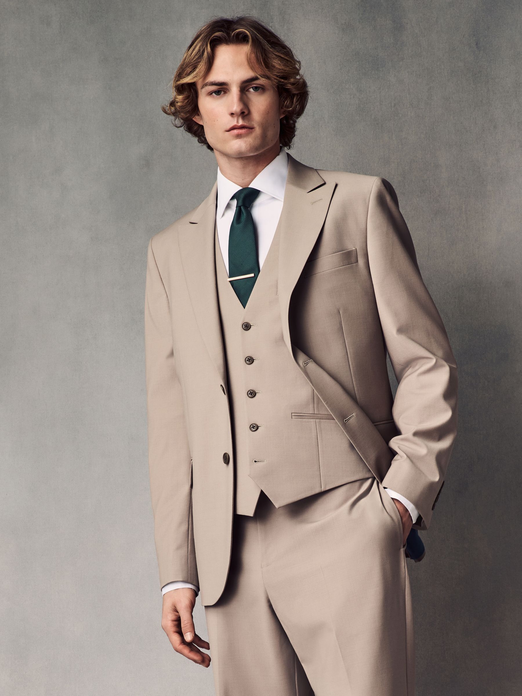 Pastelgeel - Slim fit Jack van wol Blend Motionflex Pak