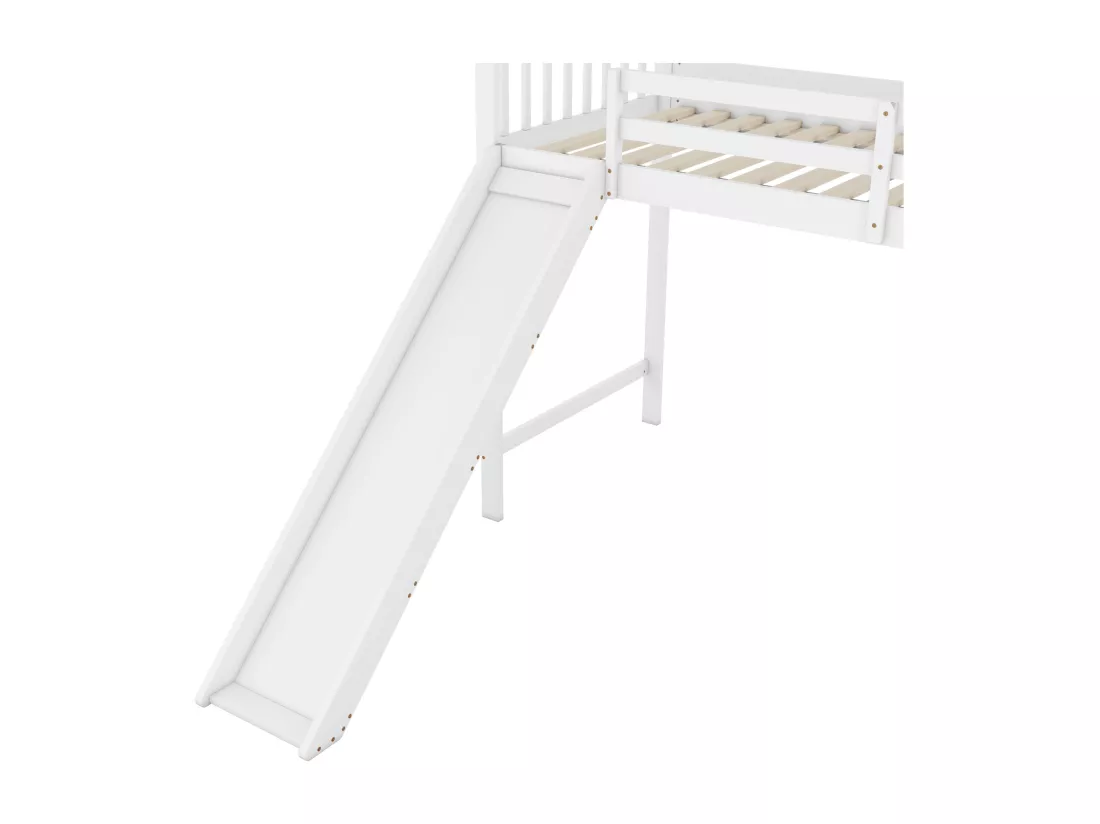 Lit mezzanine 90x200cm, lit enfant avec toboggan, échelle de rangement, certifié EN747, blanc