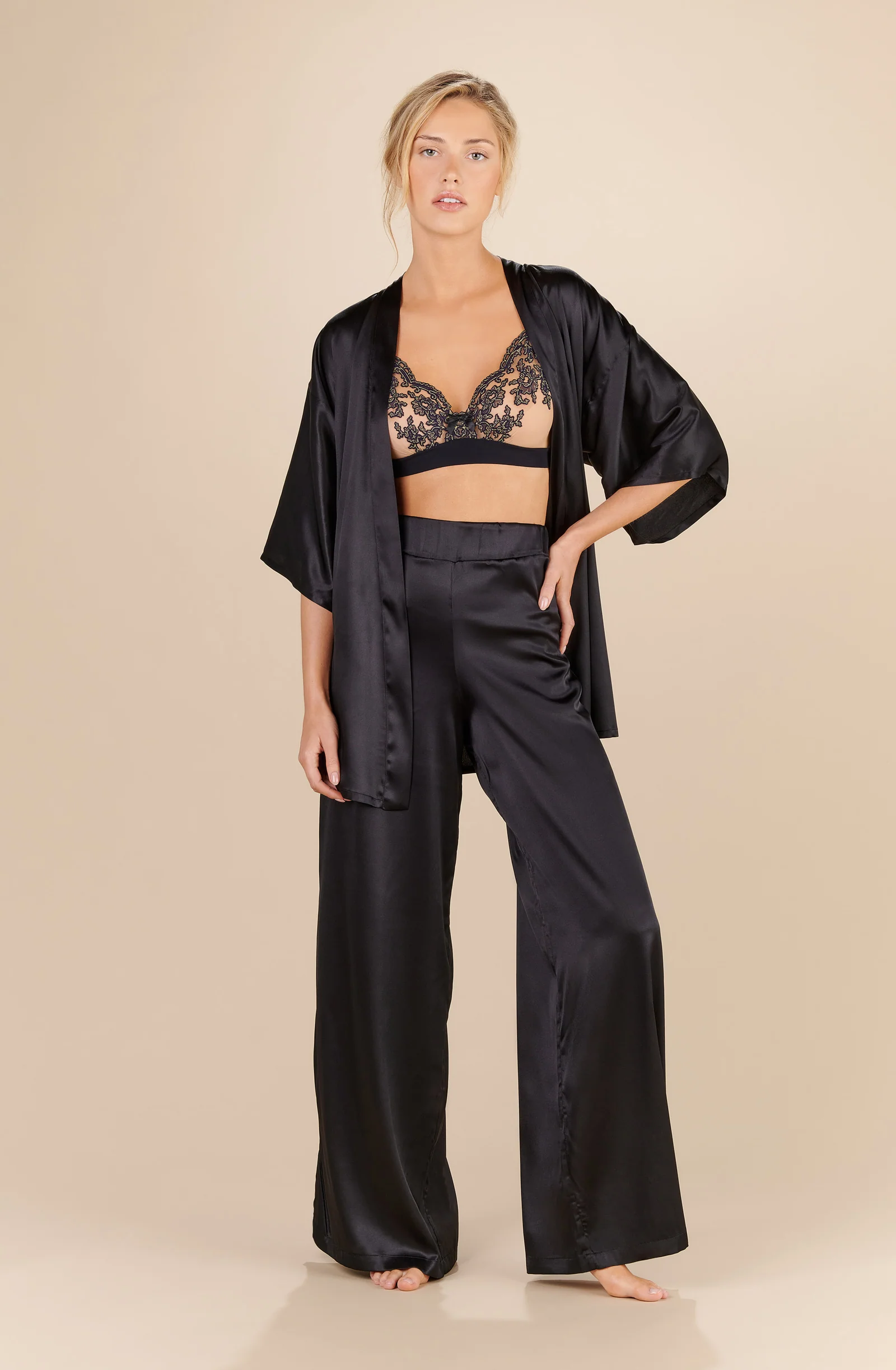 tom Pantalon large noir en soie Noir
