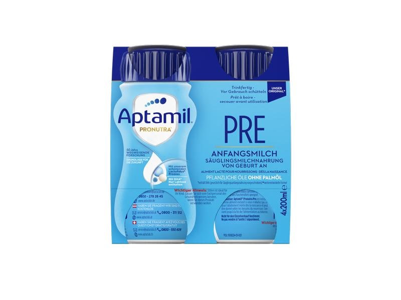 Aptamil Anfangsmilch Pre, Flüssigmilch 4 x 200 ml Aptamil Anfangsmilch Pre, Flüssigmilch 800 ml