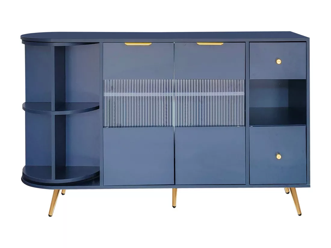 Buffet armoires de rangement bleu marin avec 2 portes battantes en verre éclairage LED poignets et pieds dorés LED RIPHRENS BLUE