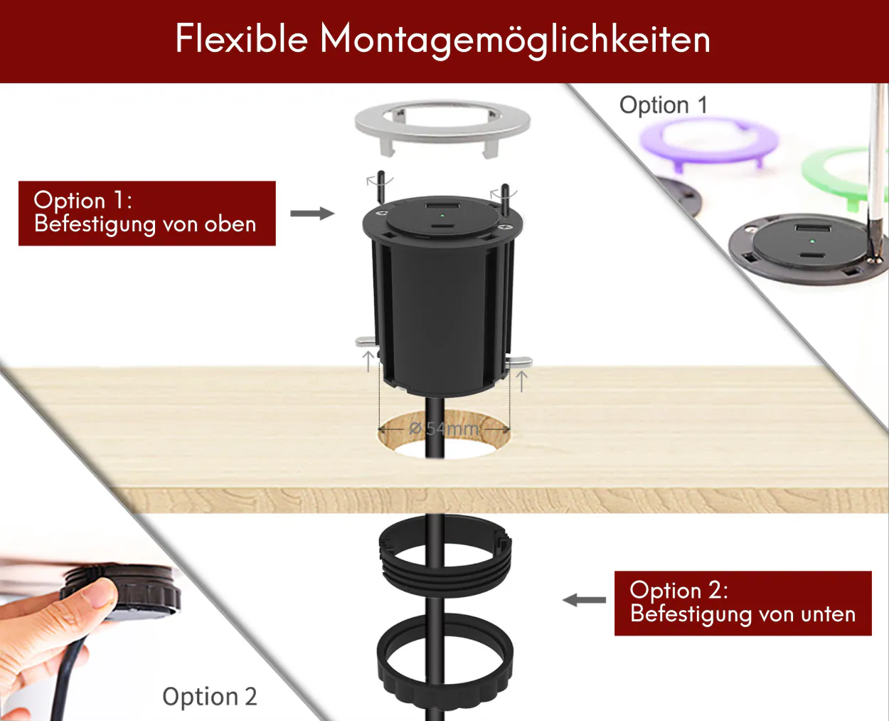 kalb | USB Einbausteckdose mit 2 USB-Anschlüssen, 54mm rund für Montage in und an Möbeln / Platten, mit EU-Stecker, inkl. farbiger Blenden