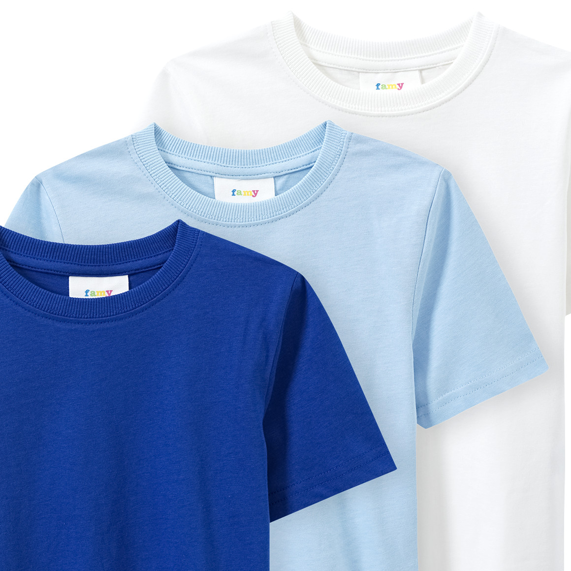 Famy 3 Jungen T-Shirts unifarben hellblau / königsblau / weiss
