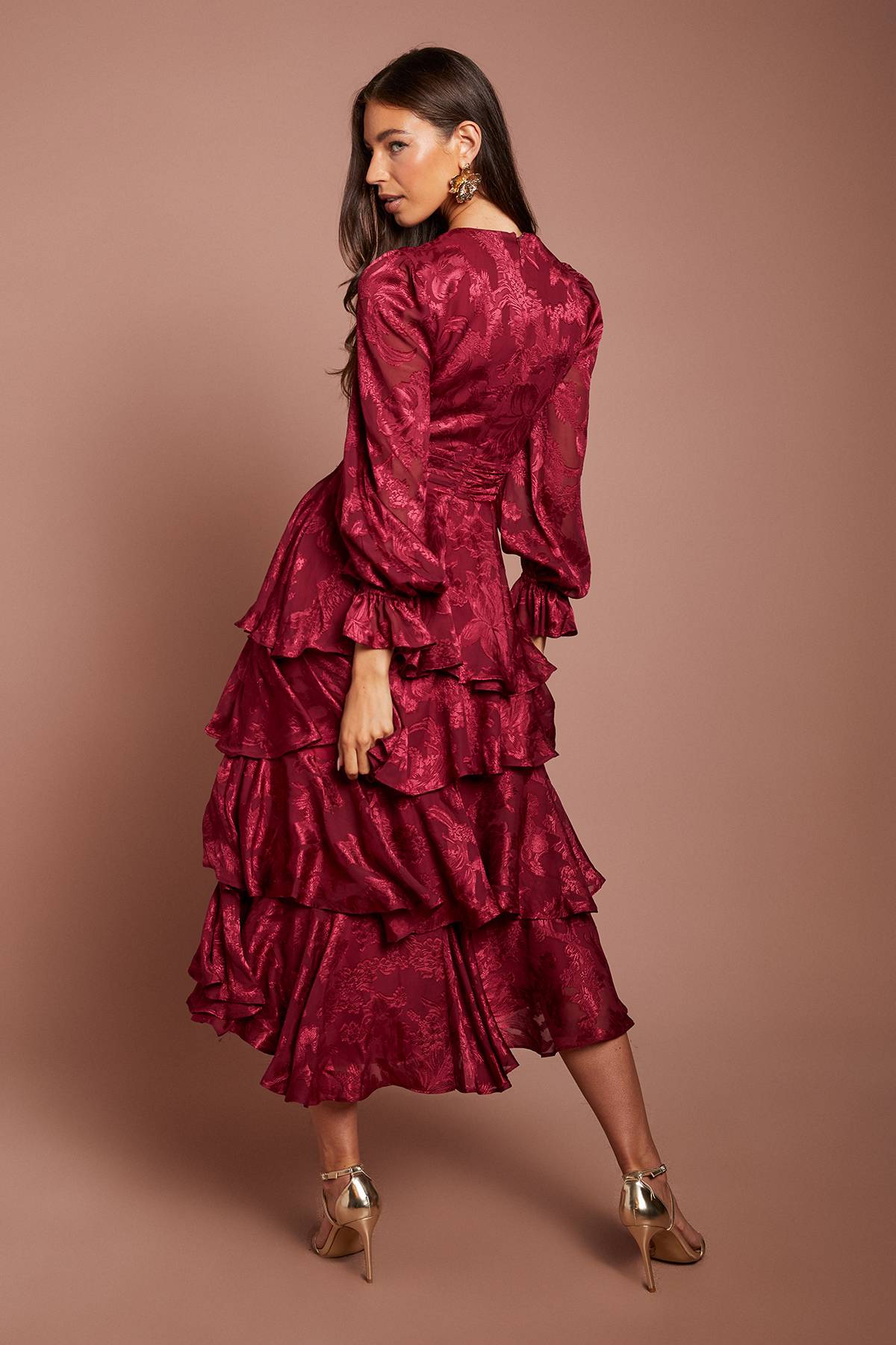 Coast Robe Midi À Manches Bouffantes Étagées En Satin Jacquard