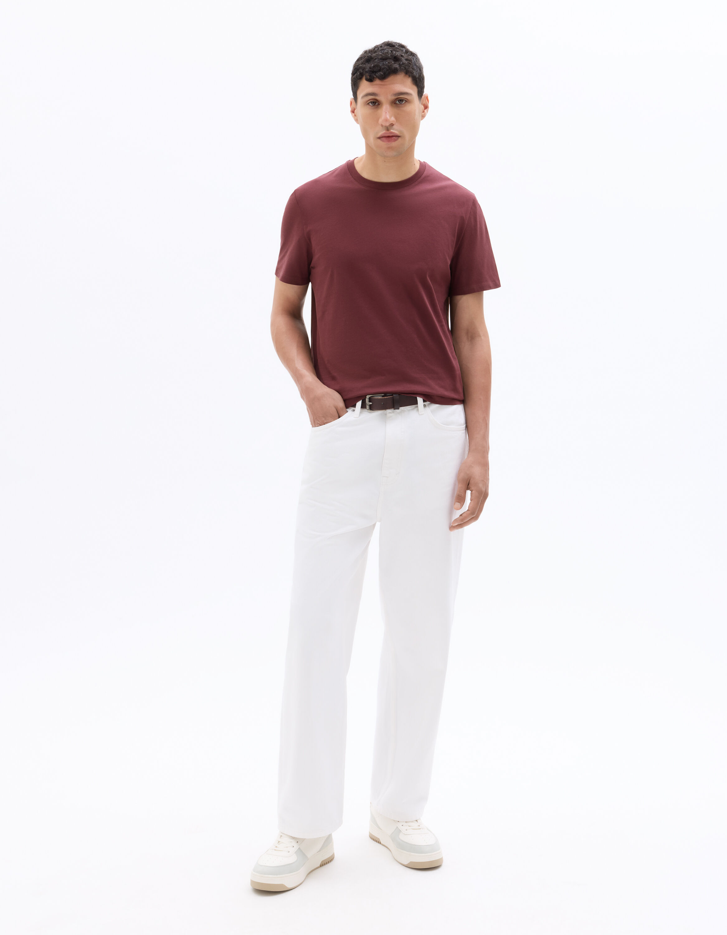 T-shirt regular col rond 100% coton - rouge foncé