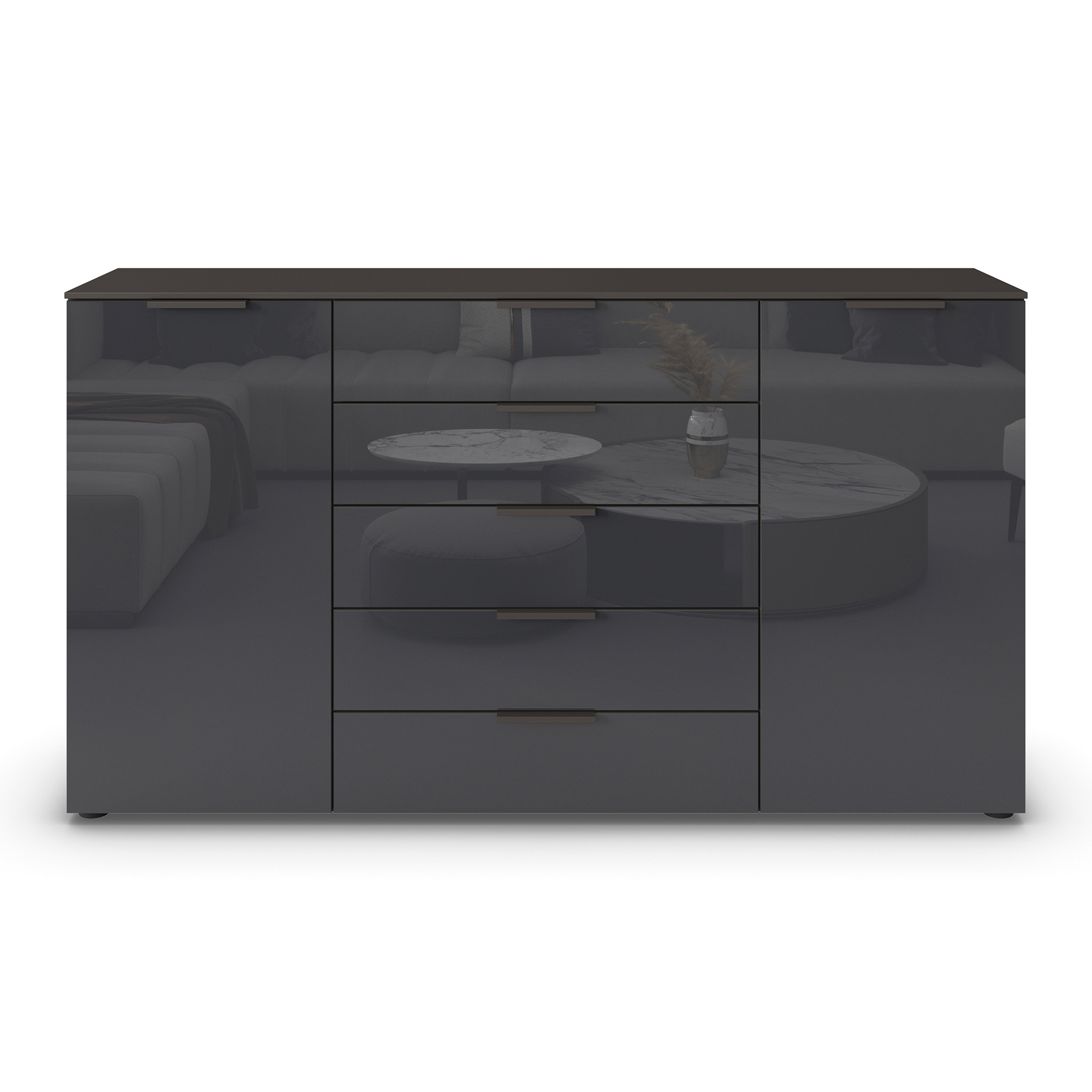 Kommode - graphit-Basaltglas - Graphitgriffe - 180 cm